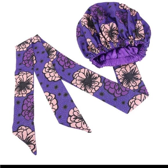 African Print Satin Bonnet With Long Ribbon Wrap - Picture 8 of 10